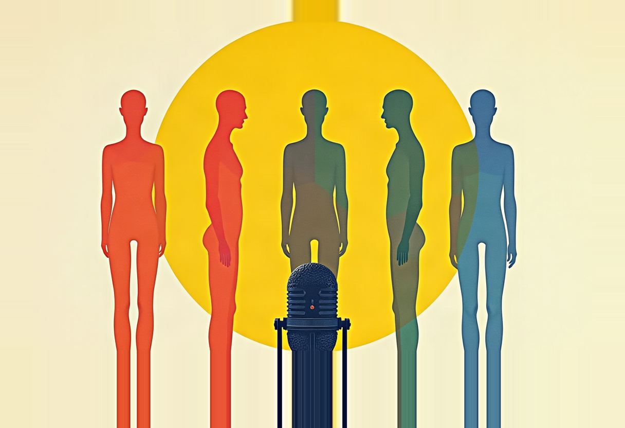 Five featureless silhouettes in orange, red, olive, green, and blue stand facing a dark microphone against a yellow circle on a cream background.