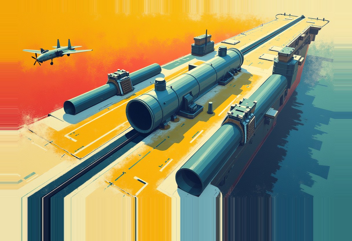 Illustration of large steam-cylinder tubes laid across a ship's flight deck with control towers, a propeller plane flying left, orange-to-teal gradient sky.