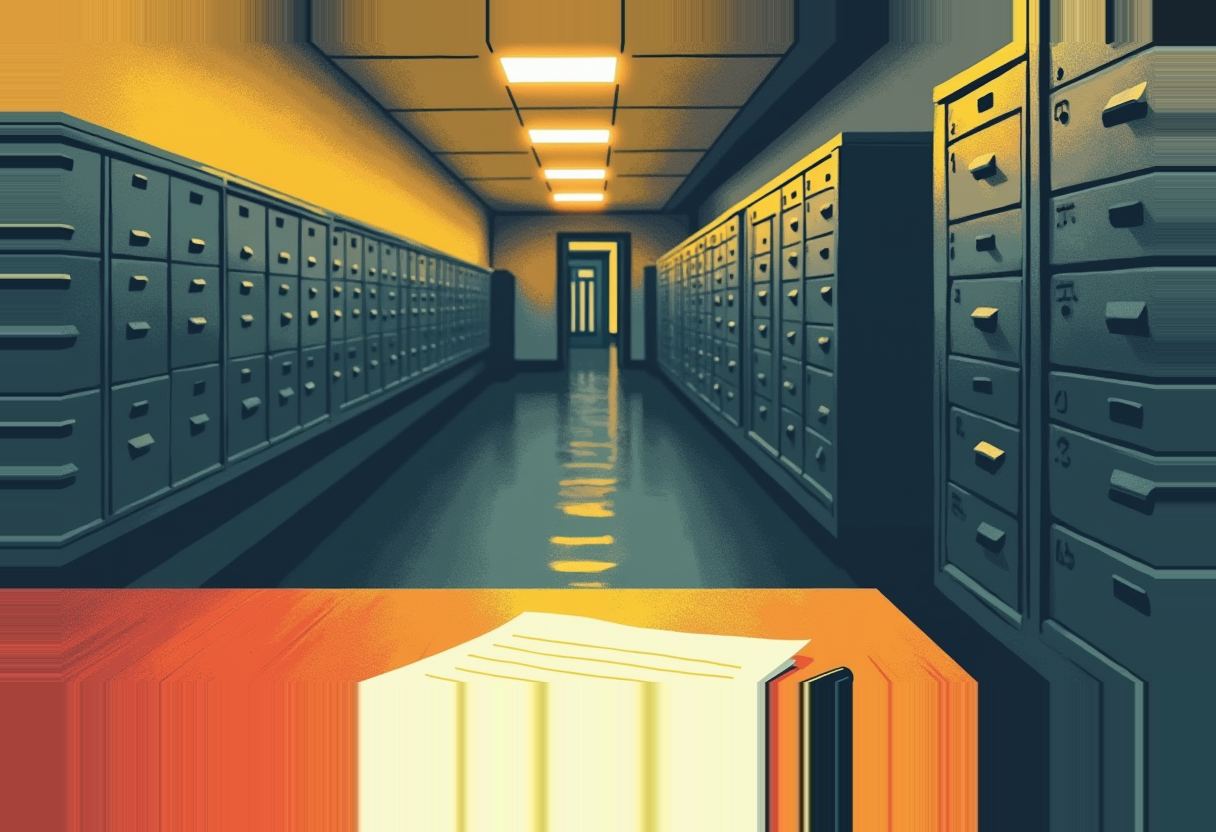 A stack of paper sits on an orange desk in a narrow hallway lined with tall gray filing cabinets under overhead fluorescent lights.