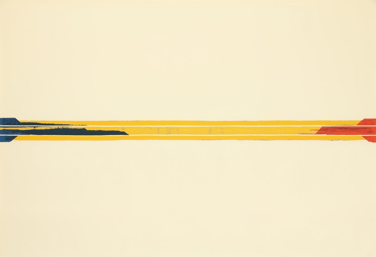 A thin horizontal yellow band with two white pinstripes stretches across a cream background, ending in a dark navy shape on the left and a red shape on the right.