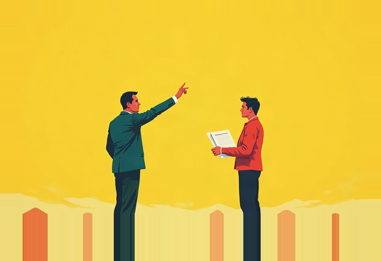 Illustration of a man in a green suit pointing upward while facing a man in a red jacket holding papers, both standing atop a row of orange picket-fence posts against a yellow sky.