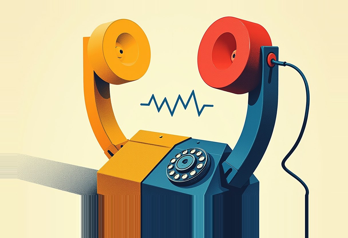 Illustration of a rotary phone split into two mismatched halves, orange and blue, with a red and yellow earpiece rising on each side and a jagged blue signal line arcing between them.