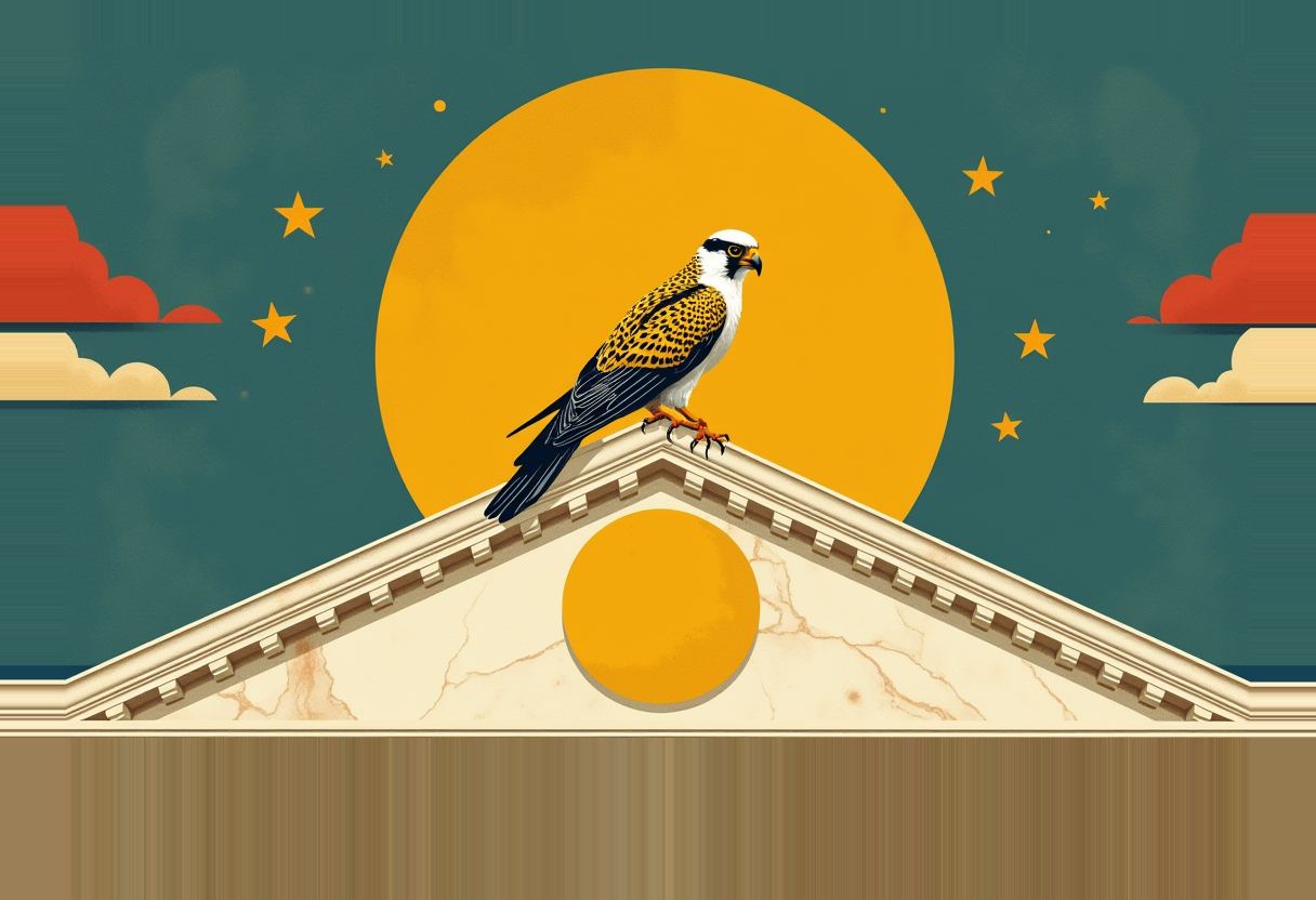 A white and gold falcon perches atop a marble pediment against a large yellow sun, teal sky, orange stars, and red clouds.