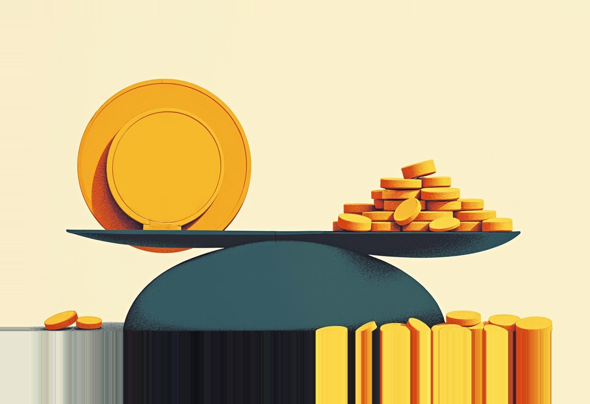 A dark teal balance scale on a cream background weighs one large gold coin against a stacked pile of smaller gold coins, with more coin stacks in the foreground.