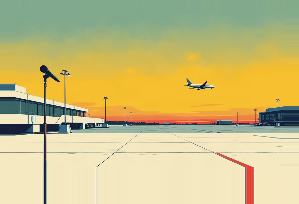 An empty airport tarmac at sunset with a lone microphone stand in the foreground, an airplane ascending in the distance, and a thin red line painted across the pavement.
