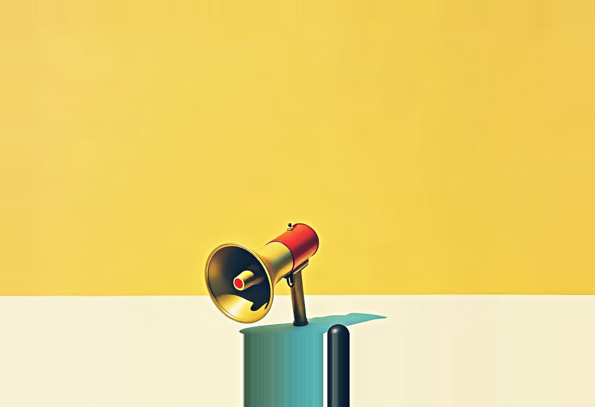 A gold-and-red megaphone with a black handle sits on a teal pedestal against a yellow background over a cream floor.