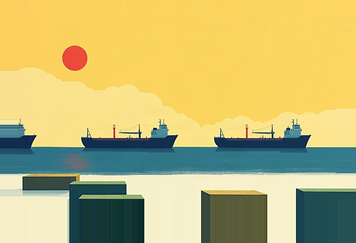 Three dark cargo ships on blue water under a yellow-orange sky with a red sun, foreground rows of yellow and green shipping containers below the harbor line.