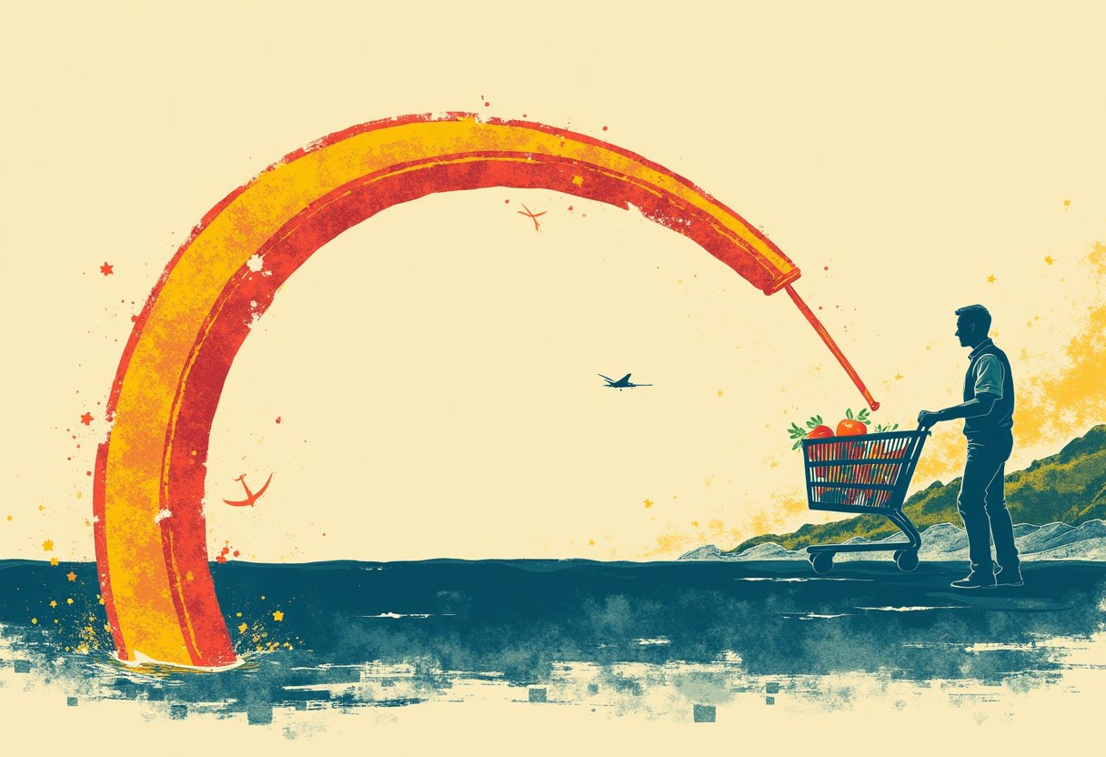 Editorial illustration of a tariff-stamp boomerang thrown at Europe curving back onto an American grocery cart, tearing a signed treaty