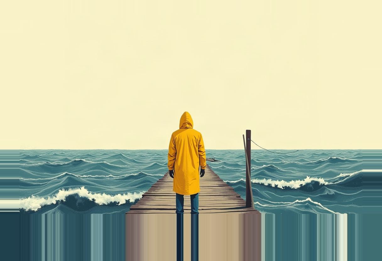 A figure in a yellow hooded raincoat stands at the end of a wooden pier, facing choppy teal-blue ocean waves under a pale yellow sky.