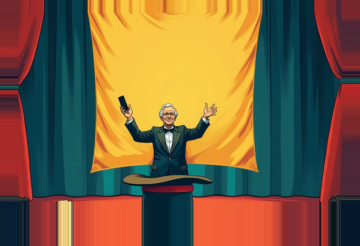 An aging showman in a tuxedo stands atop a magician's platform, arms raised, pulling an empty golden banner out of a top hat on a dim stage framed by red curtains, phone raised in one hand -- the signature trick landing to a still, unimpressed audience.