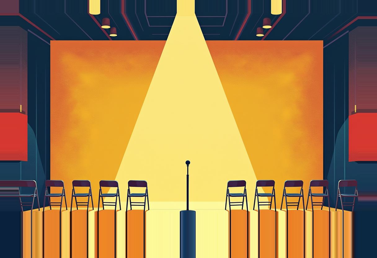 Empty folding chairs on orange pedestals line both sides of a single standing microphone under a bright spotlight on a dark blue stage.