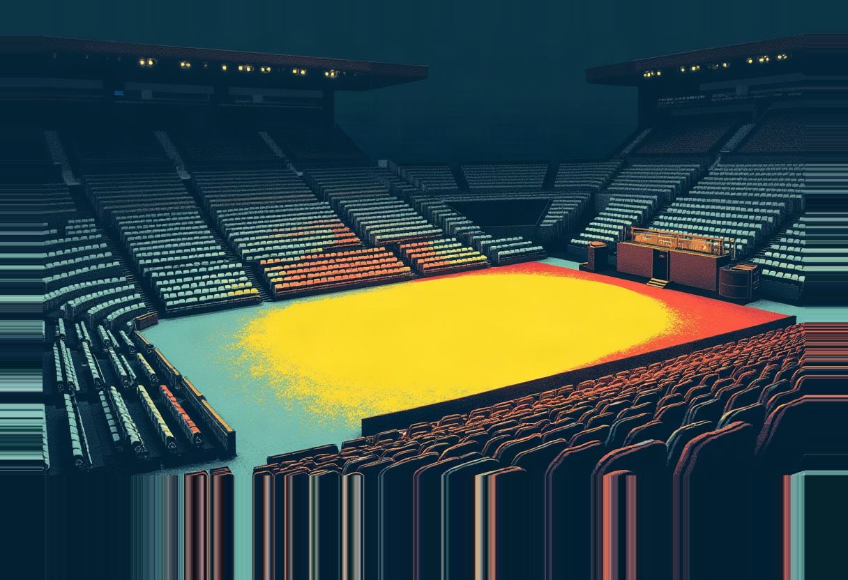 Empty stadium arena with rows of blue and orange seats surrounding a glowing yellow-and-red floor, no people visible.