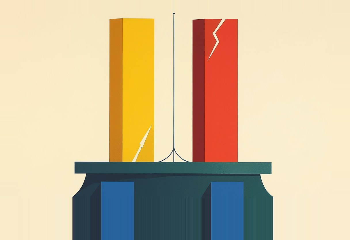 Two tall bar-chart columns on a dark teal podium, a yellow bar with an upward arrow crack on the left and a red bar with a jagged crack on the right, joined by a thin curved antenna line.
