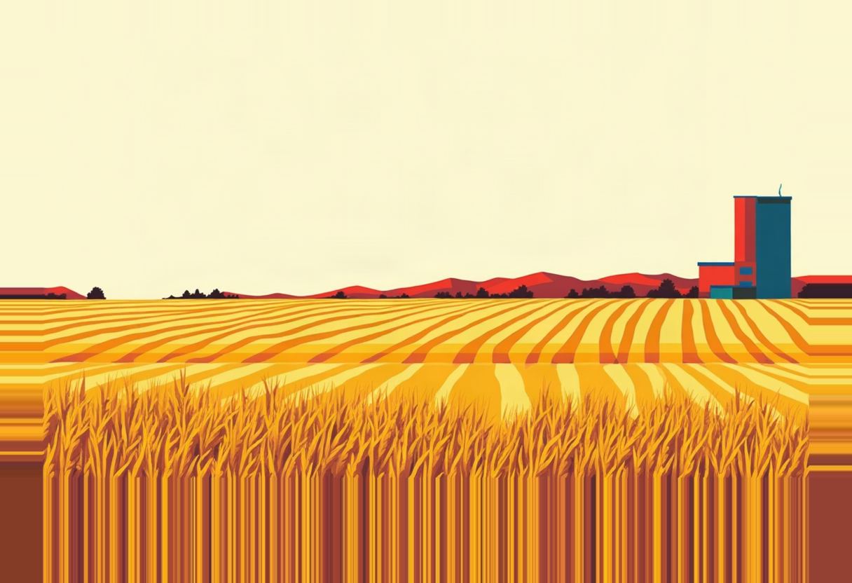 Flat-design illustration of a striped yellow and orange wheat field under a pale sky, with a red-and-blue grain silo and dark rolling hills on the horizon.