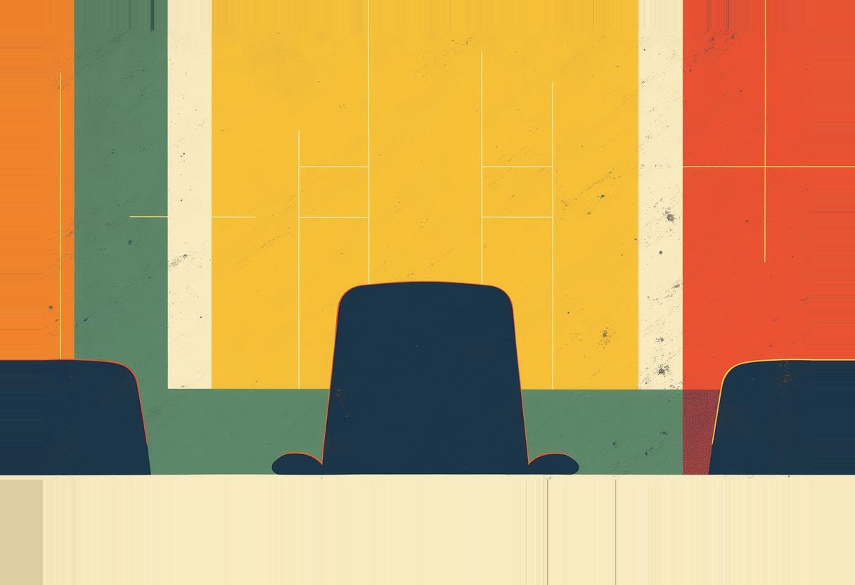 Three dark blue high-backed chairs viewed from behind at a tan desk, against vertical bands of orange, green, cream, yellow, and red with faint grid lines.