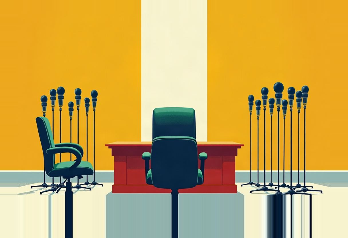 A green desk chair faces a red desk flanked by two more empty green chairs, each surrounded by a cluster of standing microphones, against an orange wall with a cream stripe.