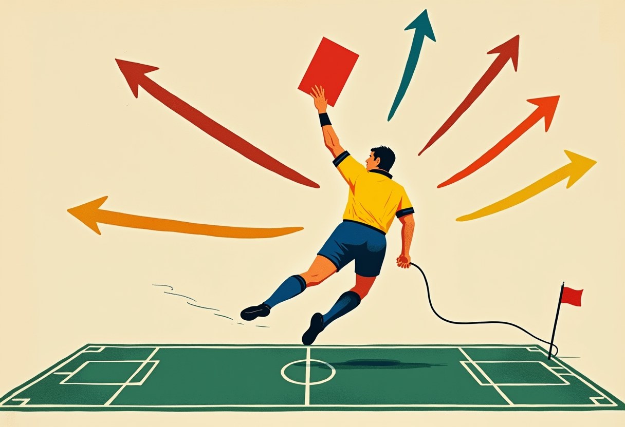 Editorial illustration of a red card suspended over a pitch splitting into five divergent arrows, a telephone cord trailing to the corner flag