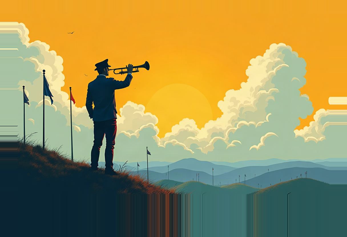 Silhouette of a uniformed figure in a cap playing a bugle atop a grassy hill lined with flagpoles, facing a large orange sun behind clouds and rolling blue hills.