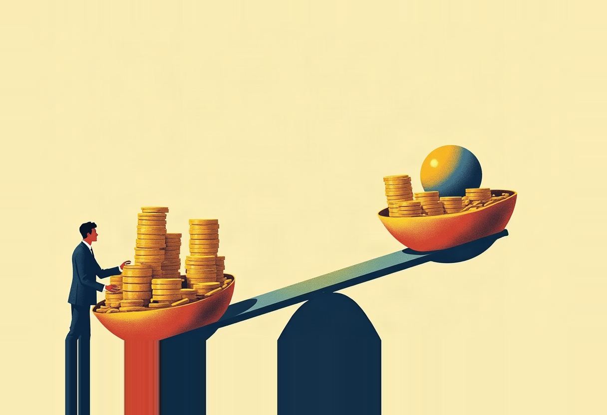 A faceless figure in a suit stacks gold coins onto the lower, closer pan of a two-pan balance scale, while the raised far pan holds coins topped with a large blue-and-gold sphere.