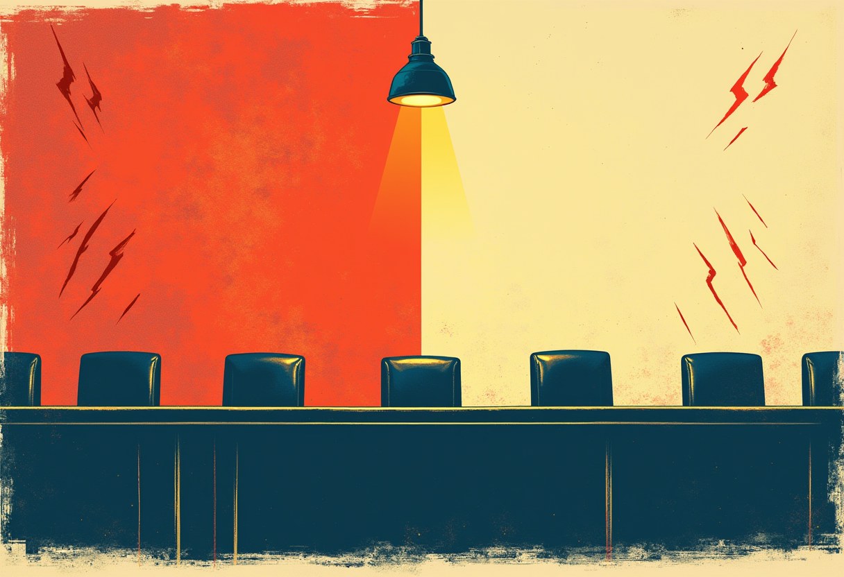 Editorial illustration: an empty government committee table with a row of vacated chairs under a single overhead light; the wall behind is split down the middle — glowing alarm-red with warning bolts on one side, flat calm off-white on the other — the same empty election board reported as an emergency by one half of the press and shrugged off by the other.