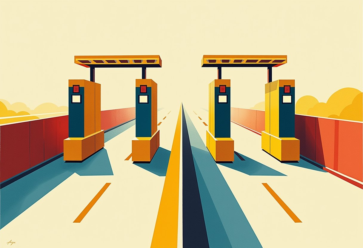 Two identical toll gates on one road, one arm lowering as the other rises, with mismatched shadows