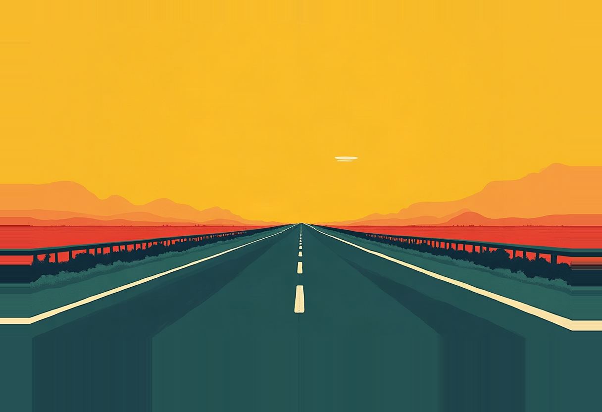 A flat teal highway with dashed yellow center lines stretches to a horizon of orange mountains under a solid yellow-orange sky, guardrails lining both shoulders.