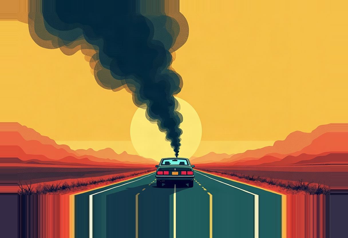 A dark green car drives away down a desert highway, emitting a thick black plume of exhaust smoke that rises in front of an orange sun, with red-orange mountains on either side.
