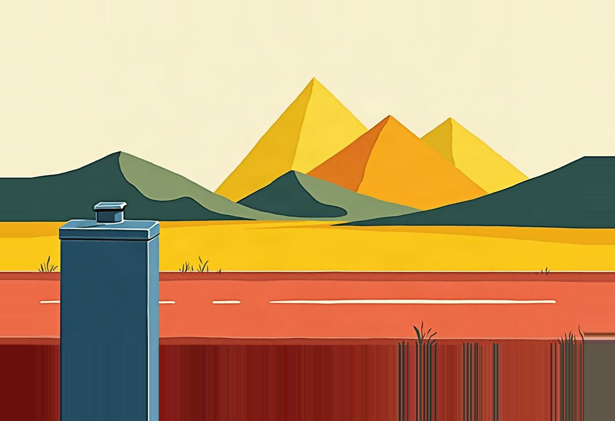A tall blue gas-pump illustration sits beside an orange road, with dark green hills and yellow and orange pyramid-shaped peaks under a pale sky.