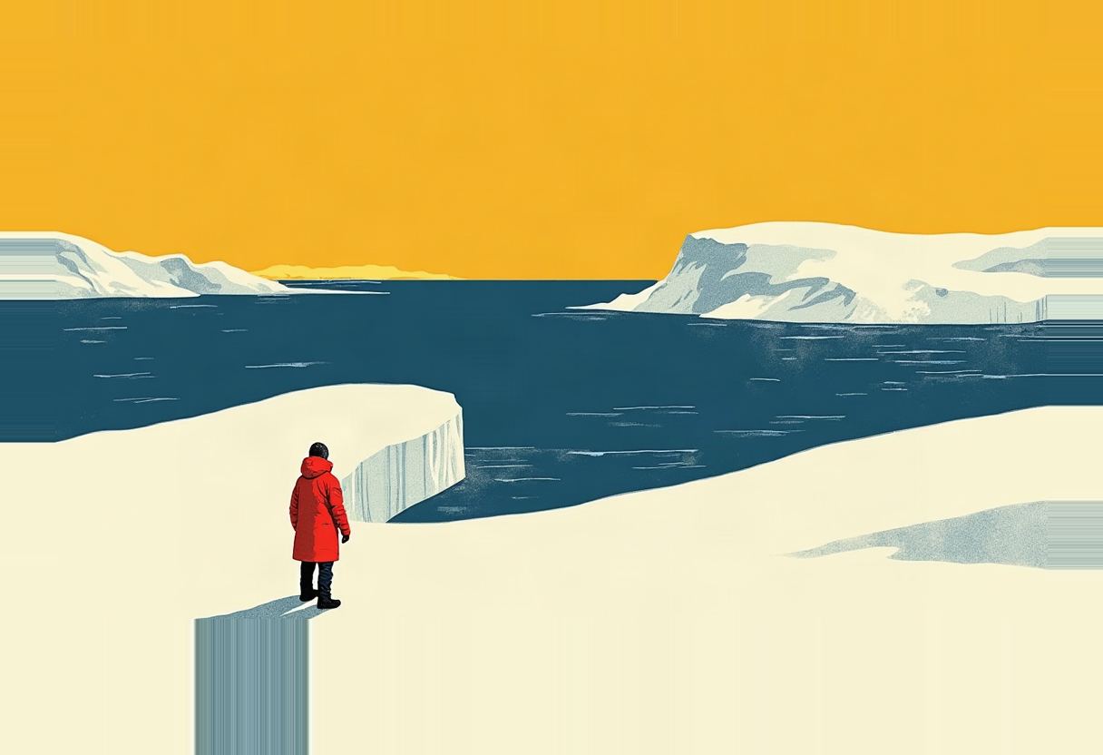A figure in a red parka stands near an ice cliff edge overlooking dark blue water and distant icebergs under a flat orange sky.
