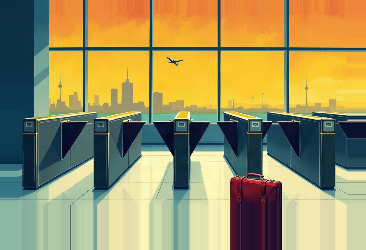 A red suitcase stands alone before a row of unstaffed airport security gates, with a plane and city skyline visible through a large window under an orange sky.