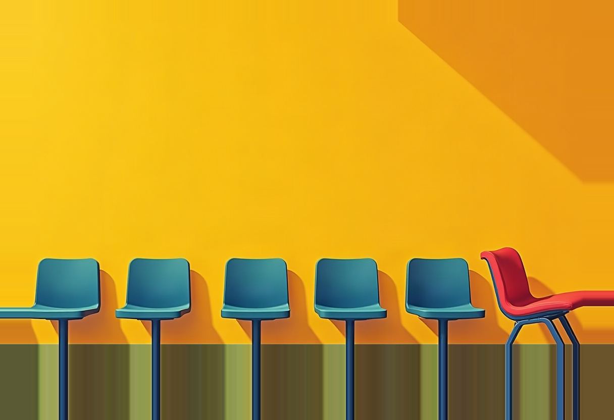 Six empty waiting-room chairs against a yellow wall: five teal, plus one red chair on the right tipped backward and collapsing.