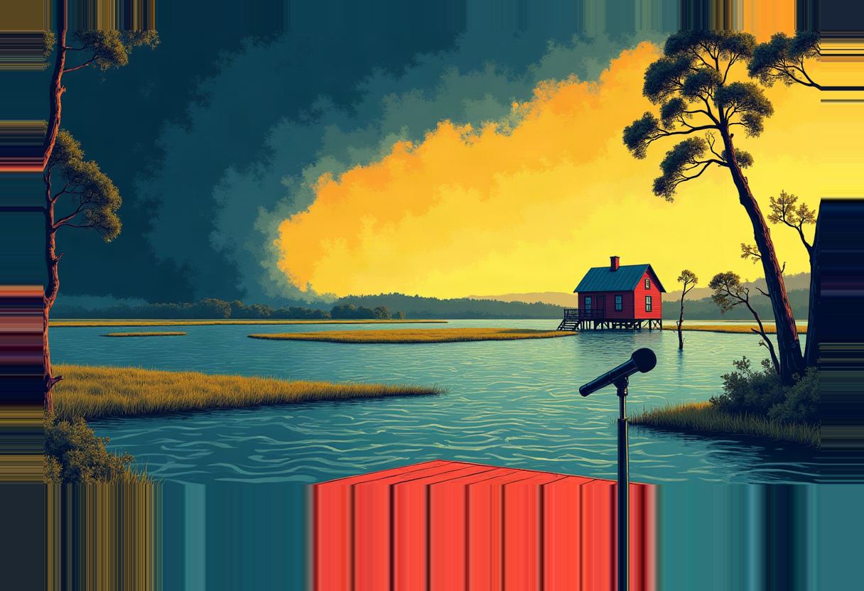 A microphone on a stand stands on a red dock over floodwater surrounding a red stilt house, under a dark sky with a yellow-orange cloud and trees on both sides.