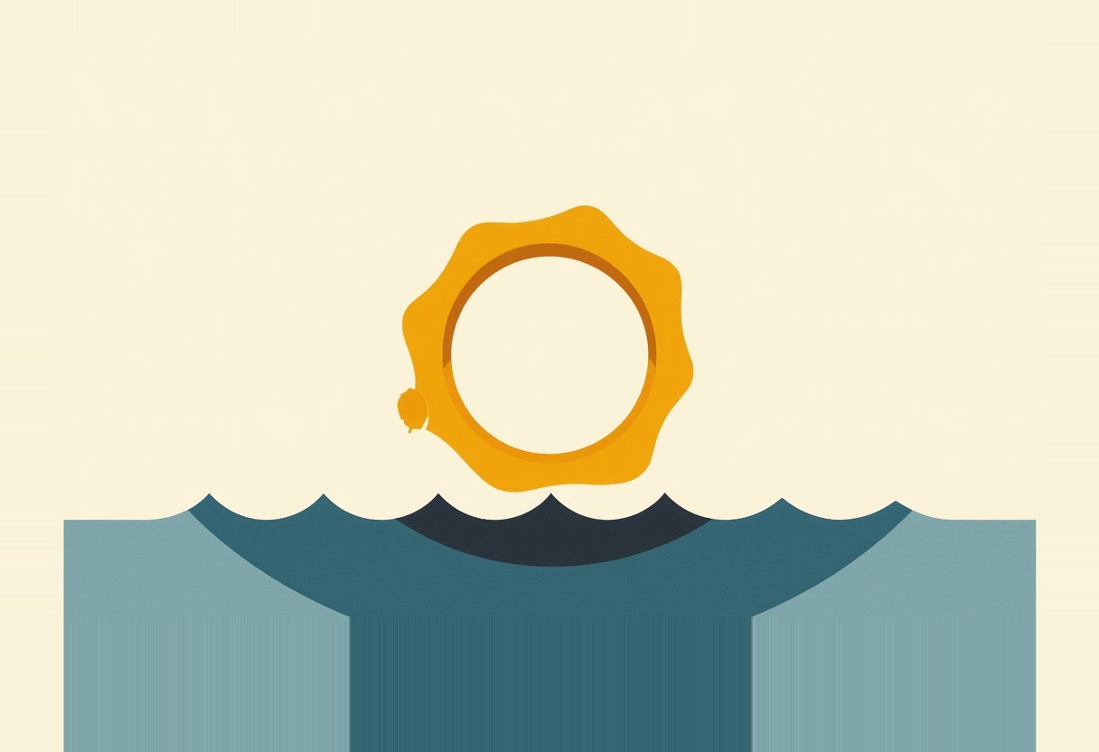A gold scalloped seal or life-ring shape floats above stylized teal ocean waves on a cream background, with a small orange dot on its left edge.