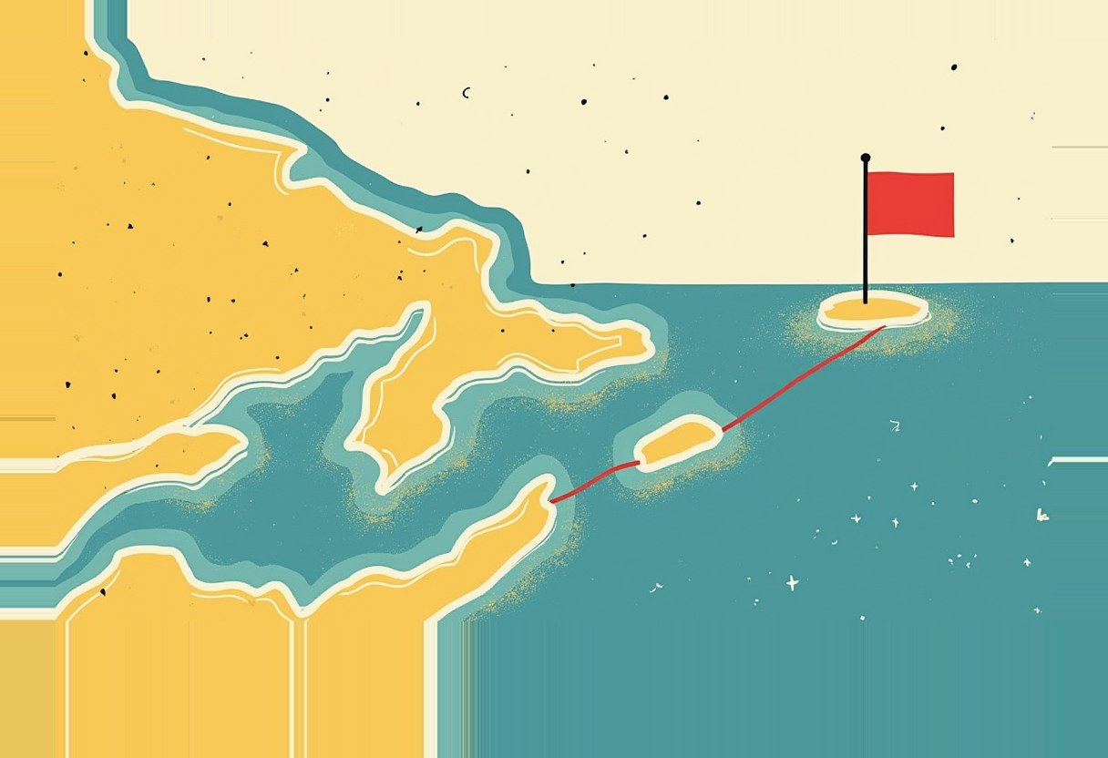 Illustrated map of a yellow coastline and teal sea with small islands, a red line running from the shore to a small island bearing a red flag on a pole.