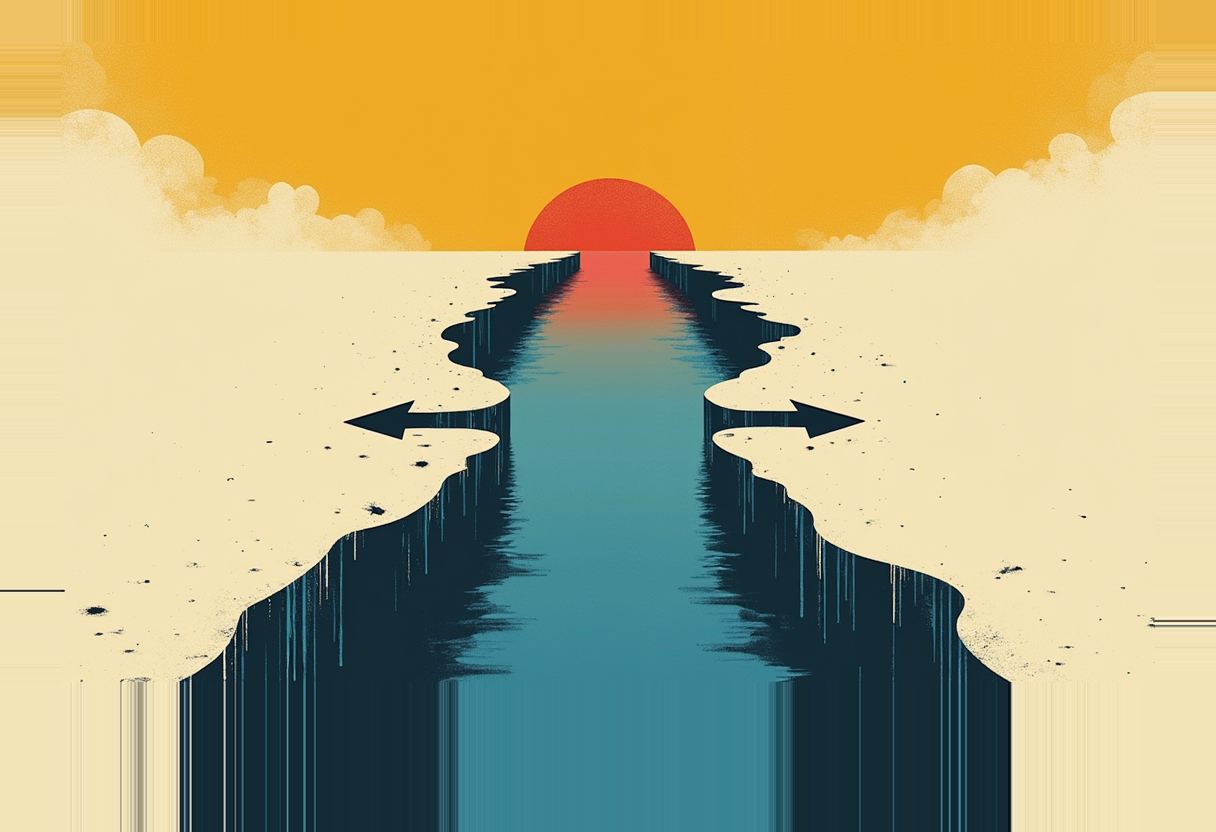 A narrow blue-red water strait cuts through cream-colored land toward a red sun on an orange horizon, with two dark arrows pointing outward from the shorelines.