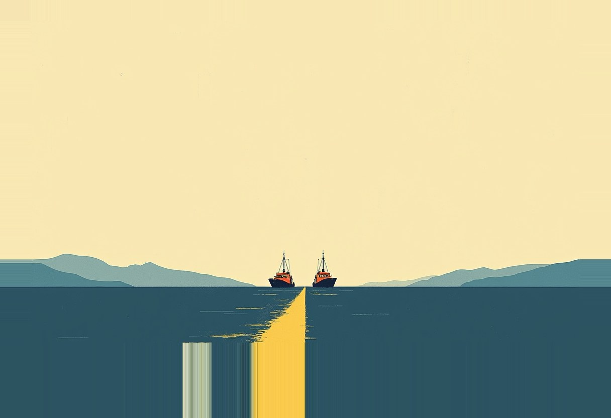 Two small dark blue boats with orange hulls face each other on a teal sea, split by a yellow vertical stripe down the middle, hazy blue hills and a pale yellow sky behind them.