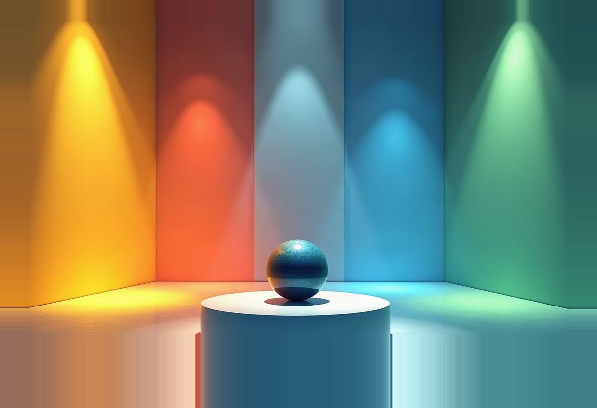 A dark blue speckled sphere sits on a white cylindrical pedestal against five vertical wall panels lit yellow, orange, pale blue, blue, and green.
