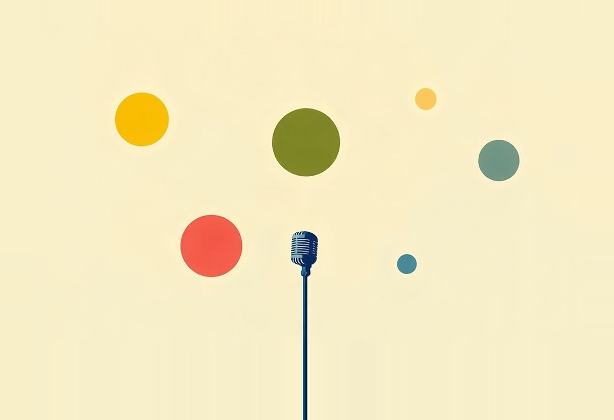 A vintage microphone on a tall stand stands below scattered colored circles (yellow, olive green, red, teal) floating on a pale cream background.