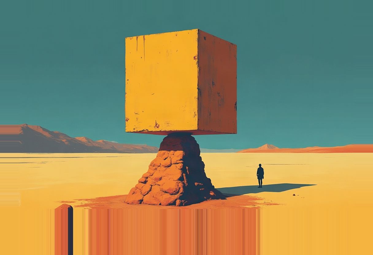 A giant yellow cube balances atop a small rocky pedestal in a flat desert, with a tiny silhouetted figure standing nearby and distant mountains under a teal sky.