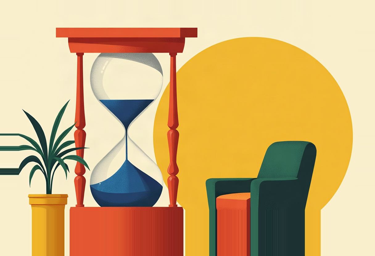 A large red hourglass with blue sand sits beside a potted plant, a green armchair, and a yellow circle against a cream background.