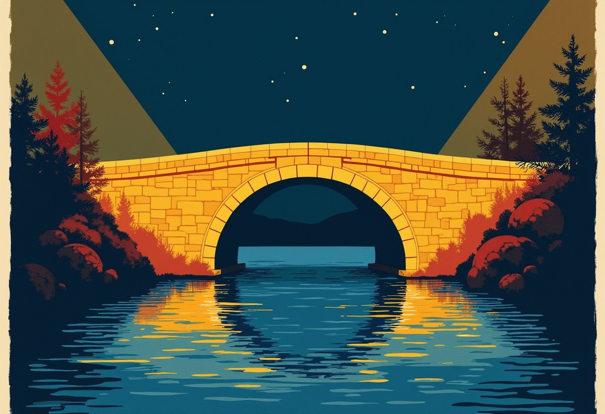 A stone bridge at night lit by two spotlights from opposite banks, one amber and one blue, casting two different-colored shadows onto the water below that never touch