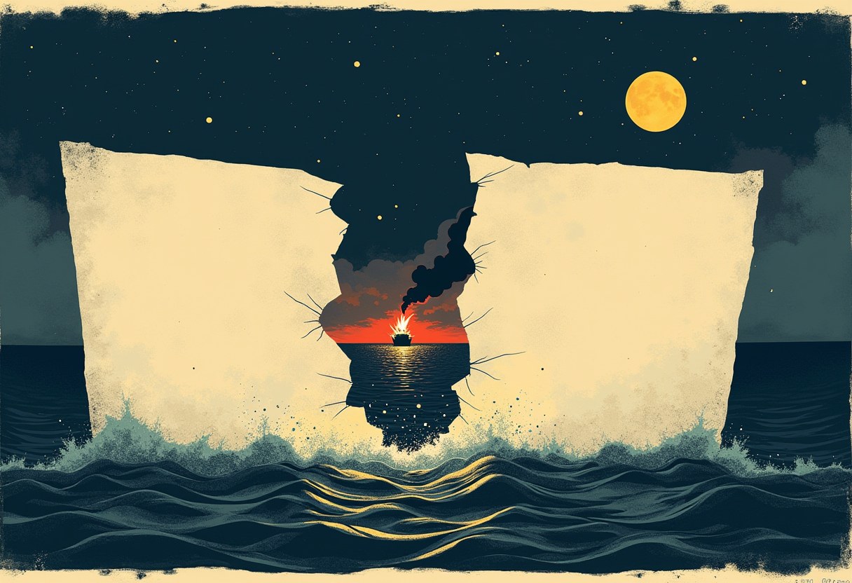 A pale document torn cleanly in two drifts apart over dark night water; through the gap between the halves, a small ship burns on the strait trailing a column of smoke under a full moon — the torn agreement and the war it reignited.
