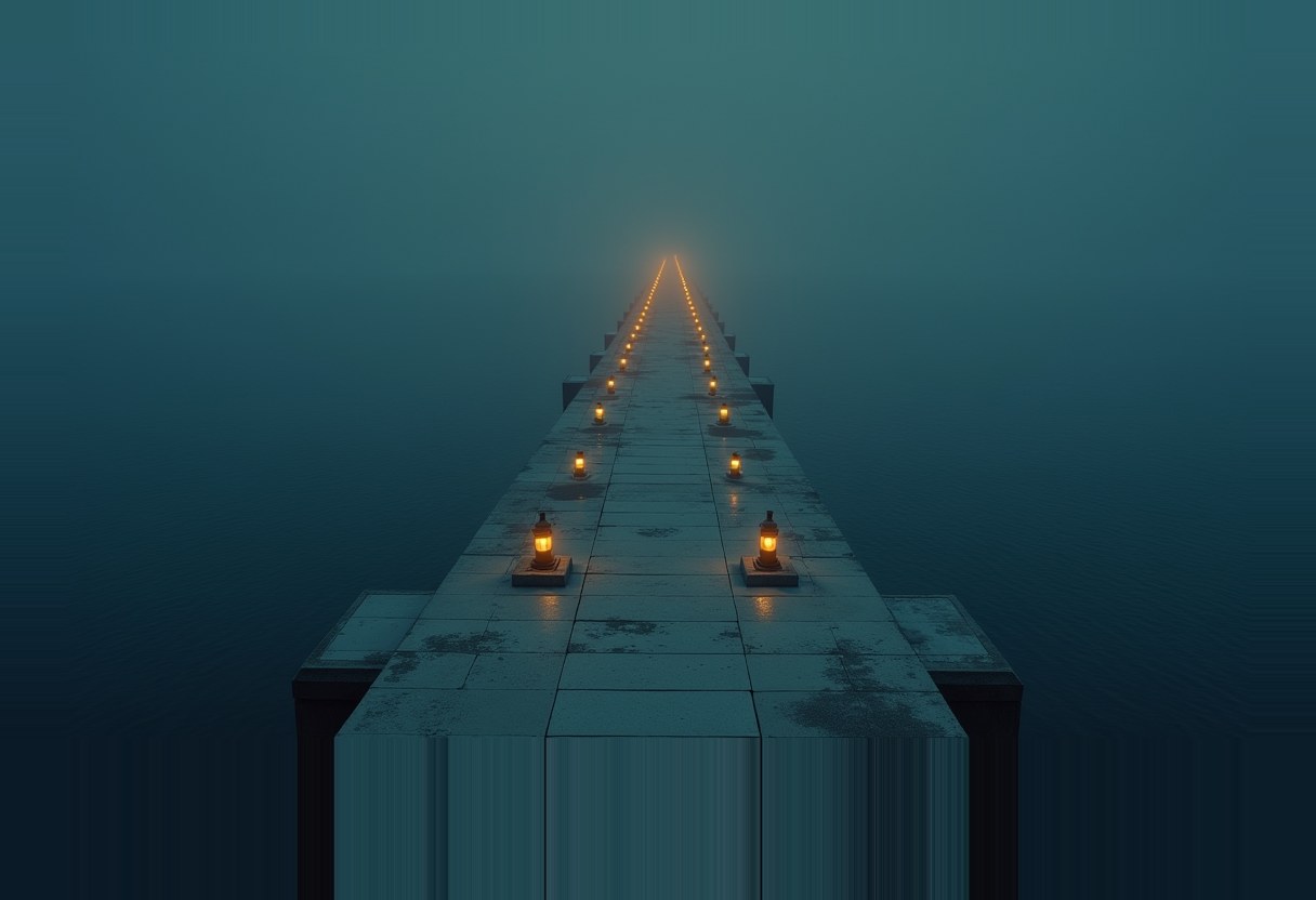 A stone pier lined with two rows of glowing lanterns stretches into fog over dark teal water, vanishing at a bright point on the horizon.