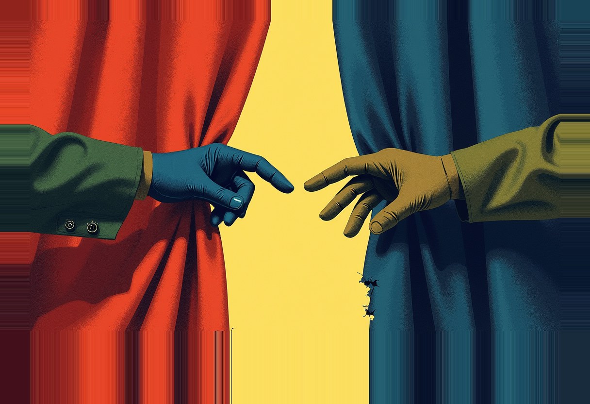 Two gloved hands, one in a blue glove, one in an olive glove, reach toward each other through a gap between a red curtain and a torn teal curtain against a yellow background.
