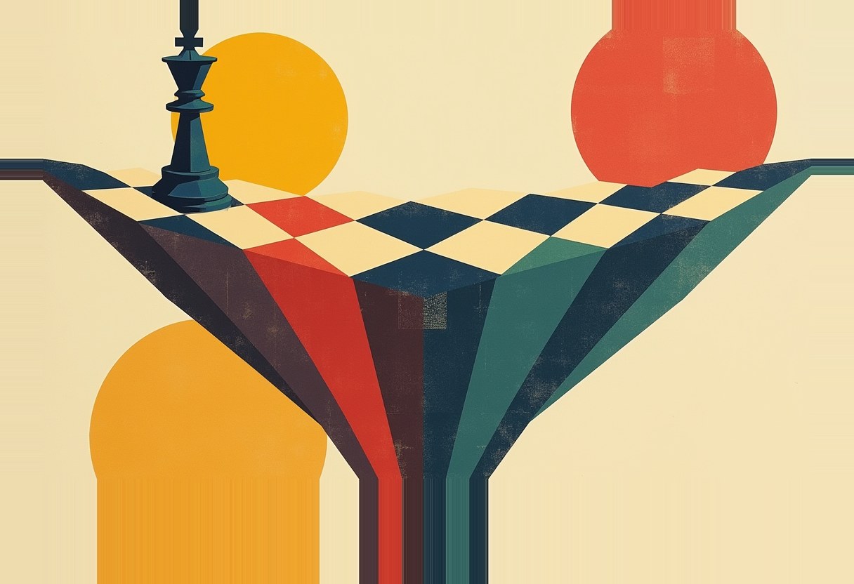 A dark king chess piece stands on a wedge-shaped, checkered platform with red and green striped underside, against cream background with orange and yellow circles.