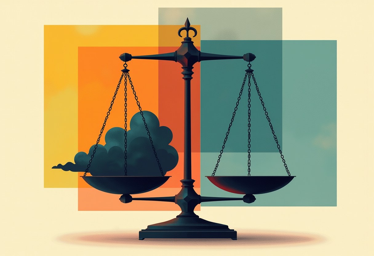 A balance scale weighing a storm cloud in one pan, set against overlapping panes of amber, orange, and teal
