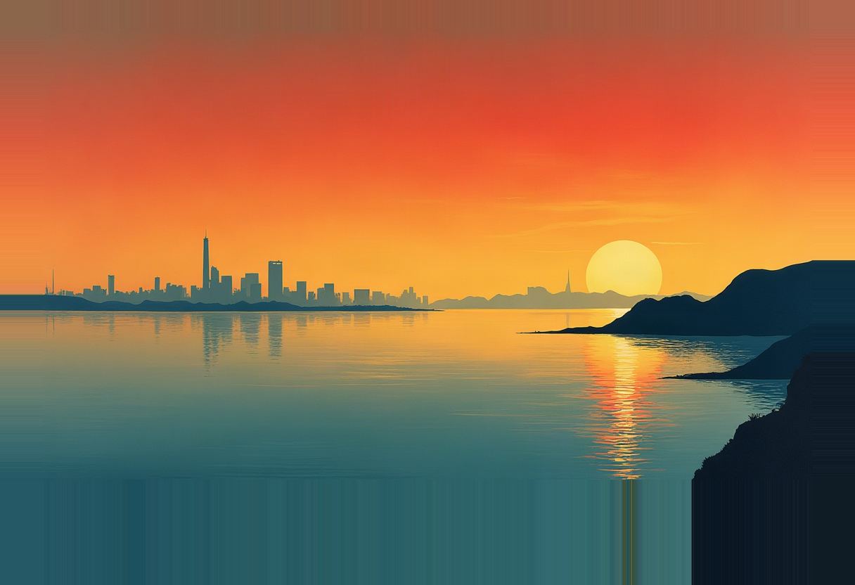 City skyline silhouette across calm water under an orange-red sunset, sun low near a dark coastal cliff on the right.