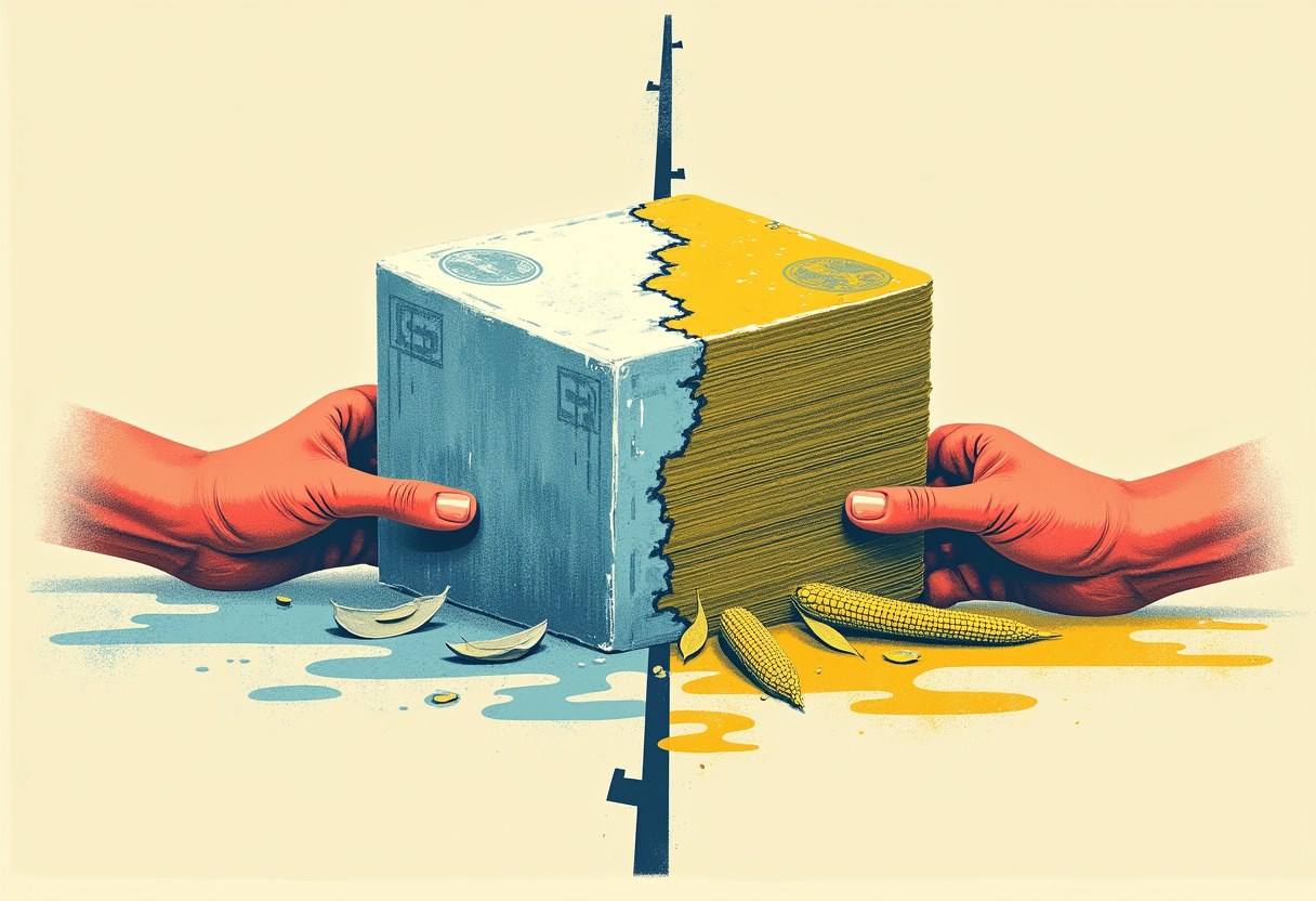 Editorial illustration of a half-thawed block of frozen money pulled two ways across a border, wheat and corn spilling from the melting end