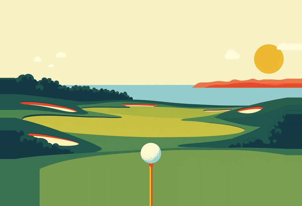 Flat-style illustration of a golf ball on a tee overlooking a coastal fairway with sand bunkers, sea, cliffs, and a large sun in a pale yellow sky.