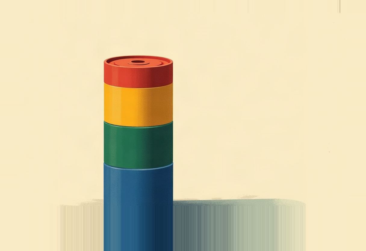 Four stacked cylindrical blocks in blue, green, yellow, and red, forming a tall column against a pale yellow background, with a shadow to the right.